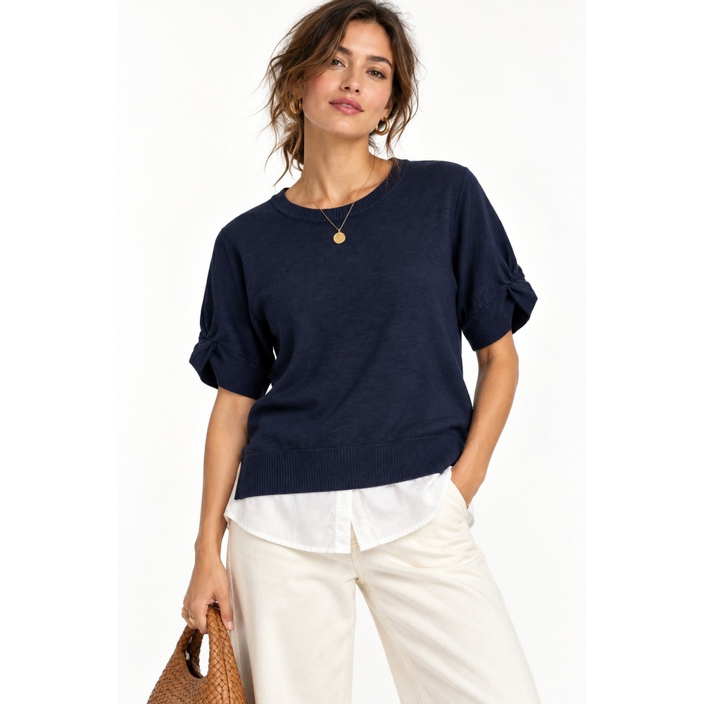 Design History Kai Navy Short Sleeve Layered Sweater XL NWT